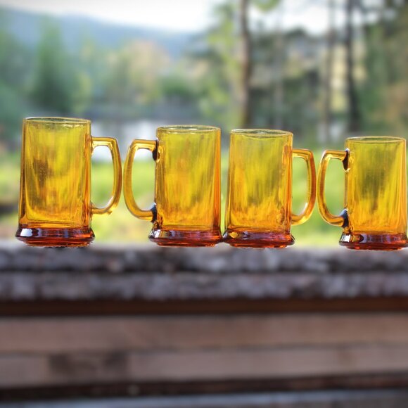 Set of 4 Hazel Atlas Amber Beer Stein Glasses mug vintage mid-century retro - Picture 4 of 11